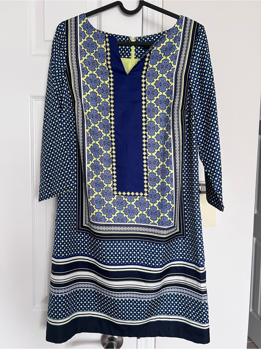 The Limited Navy and Yellow Printed Long Sleeve Shift Dress, SZ XS,NEW